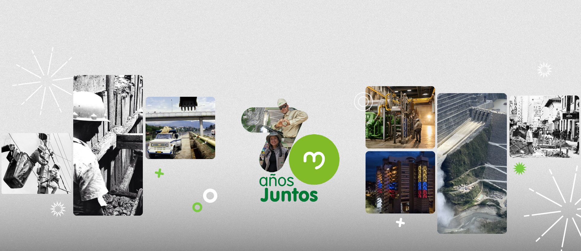 Banner conmemorativo de los 70 años de EPM, mostrando una línea de tiempo visual con imágenes históricas y actuales de obras, infraestructura energética, trabajadores y el edificio inteligente de EPM, junto al logotipo de "70 años juntos". Banner conmemorativo de los 70 años de EPM, mostrando una línea de tiempo visual con imágenes históricas y actuales de obras, infraestructura energética, trabajadores y el edificio inteligente de EPM, junto al logotipo de "70 años juntos".