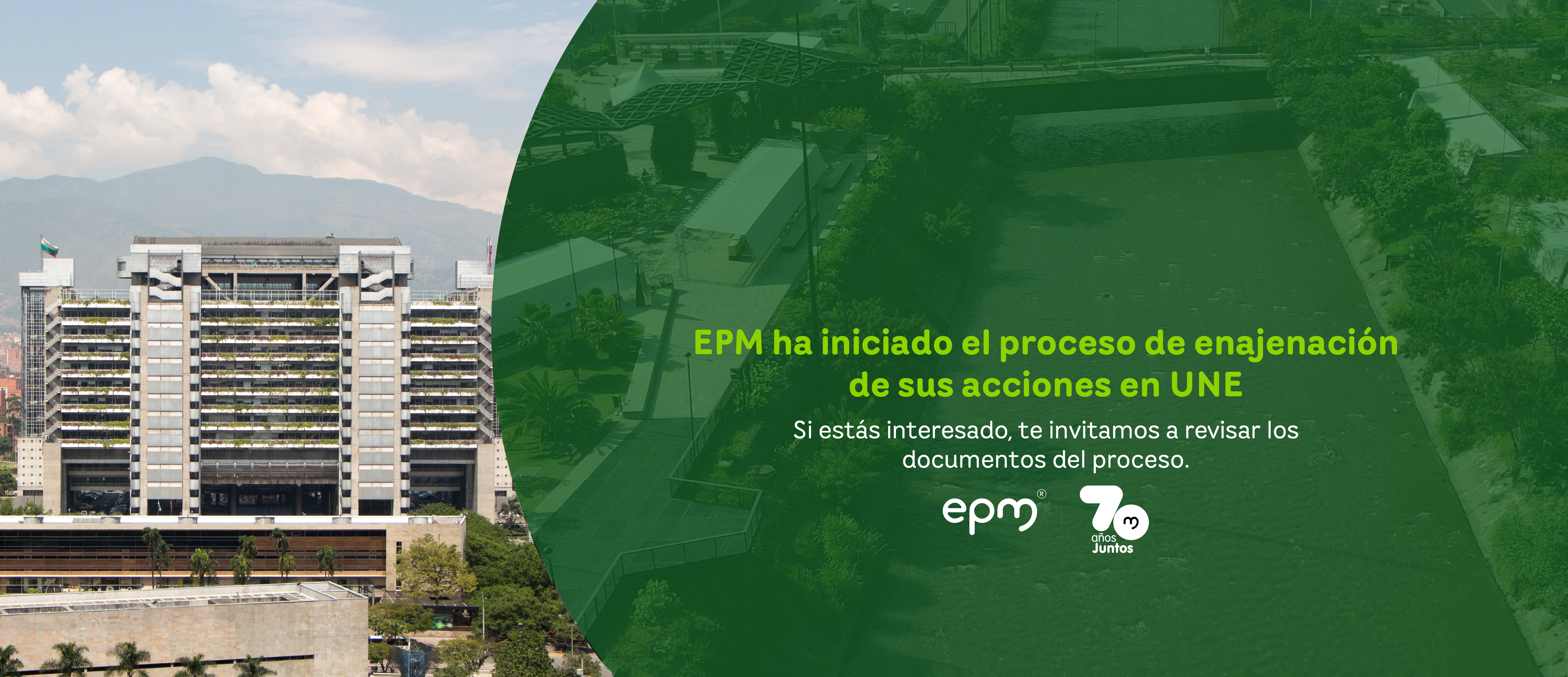 Imagen de banner de enajenación EPM en color verde con el edificio de EPM de fondo Imagen de banner de enajenación EPM en color verde con el edificio de EPM de fondo