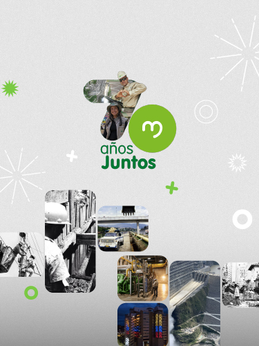 Banner conmemorativo de los 70 años de EPM, mostrando una línea de tiempo visual con imágenes históricas y actuales de obras, infraestructura energética, trabajadores y el edificio inteligente de EPM, junto al logotipo de "70 años juntos". Banner conmemorativo de los 70 años de EPM, mostrando una línea de tiempo visual con imágenes históricas y actuales de obras, infraestructura energética, trabajadores y el edificio inteligente de EPM, junto al logotipo de "70 años juntos".