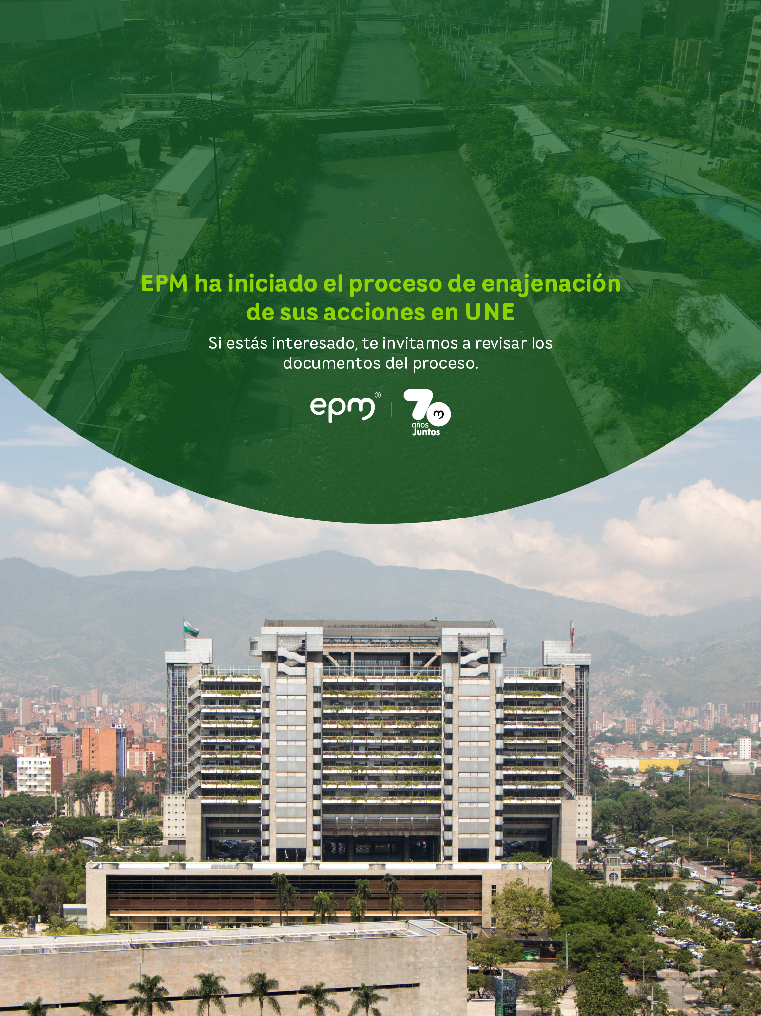 Imagen de banner de enajenación EPM en color verde con el edificio de EPM de fondo Imagen de banner de enajenación EPM en color verde con el edificio de EPM de fondo